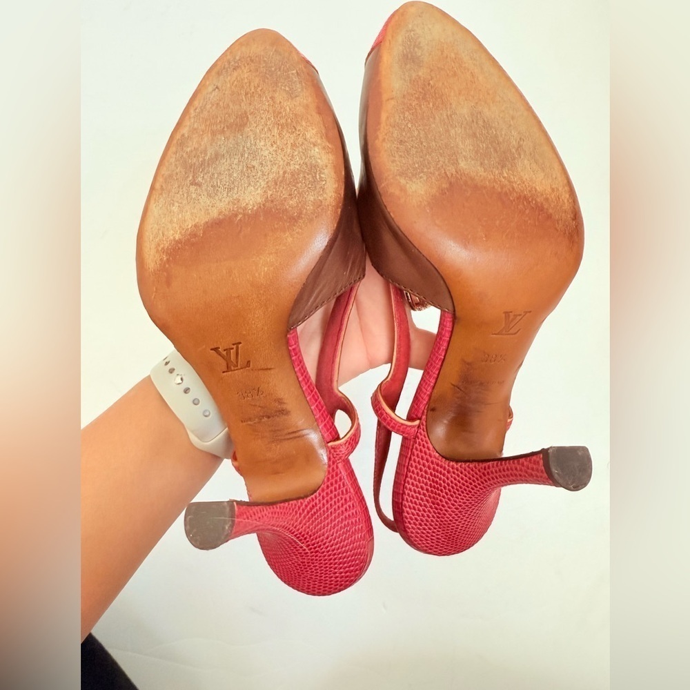 Louis Vuitton Brown Red Leather Takashi Murukami Cherry Sling back pumps EU 38.5 - Picture 4 of 10